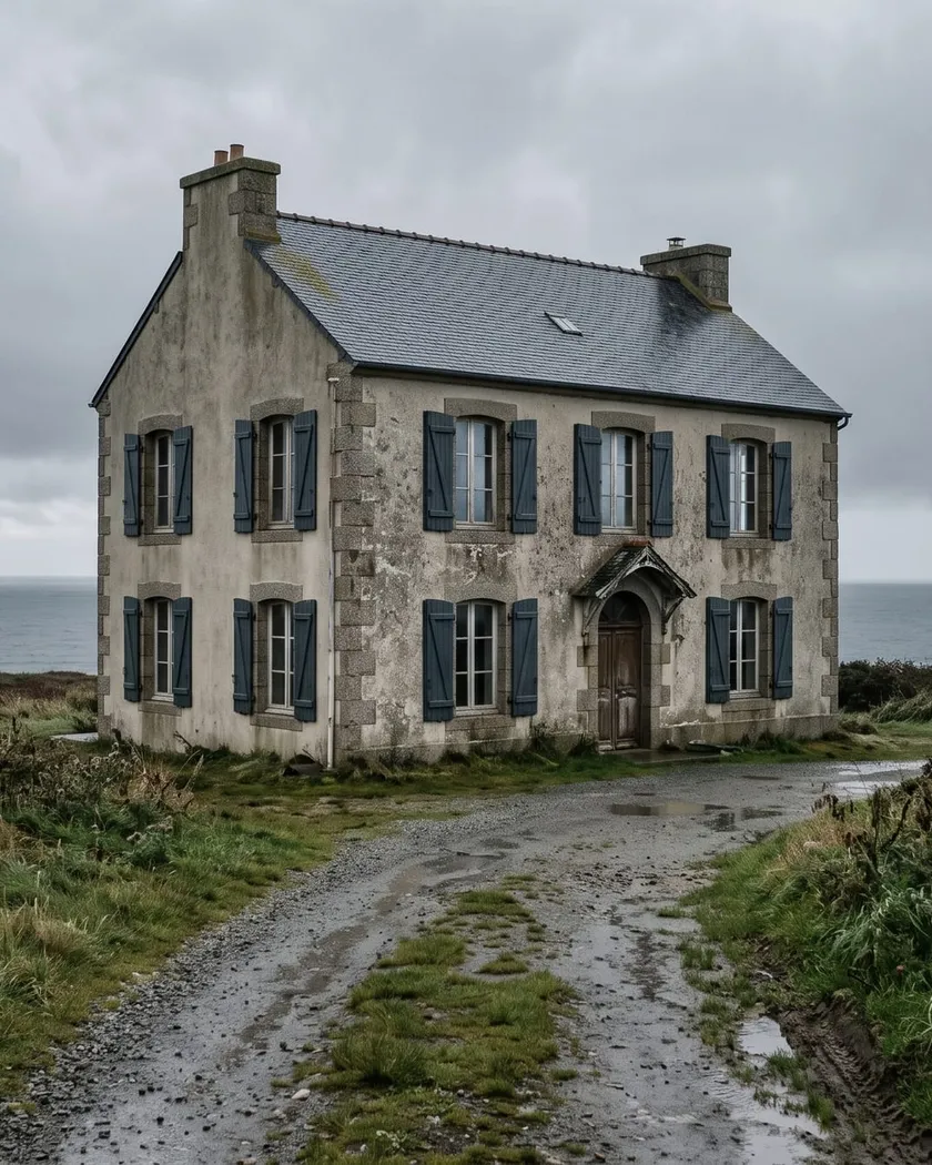 The front of the house on a gray morning, with the sea behind it