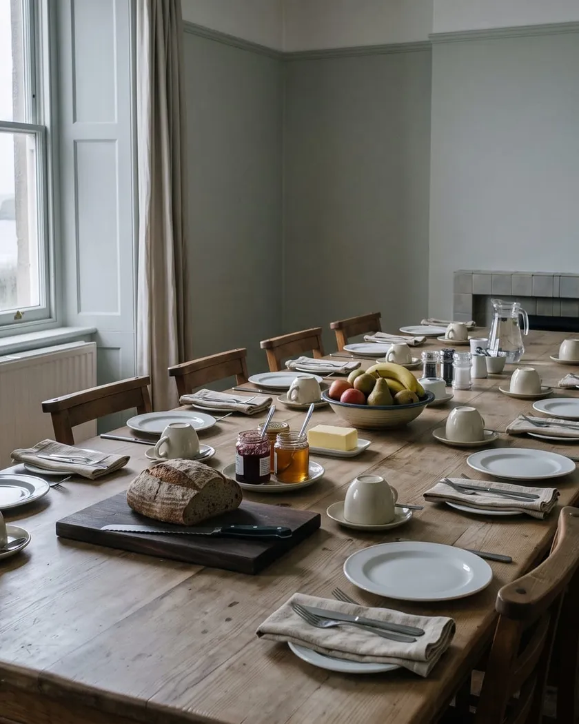 The long table laid for breakfast in the empty dining room, in flat morning light