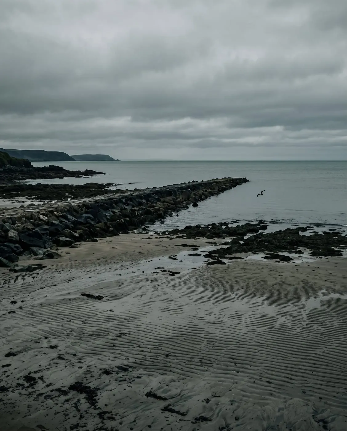 The beach below the house at low water, with the stone breakwater running out into flat gray sea