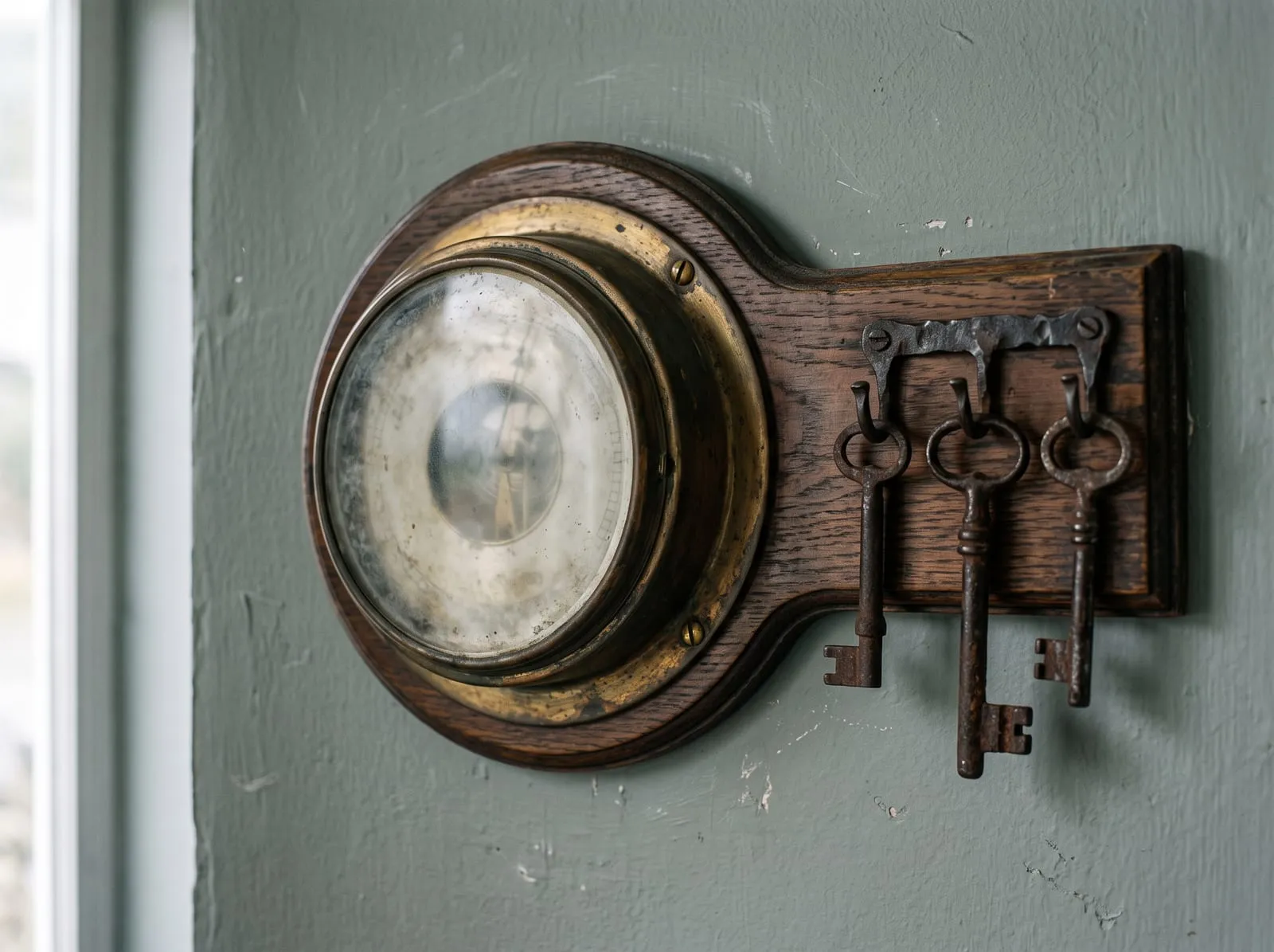 The barometer on the hall wall, beside a row of keys on hooks