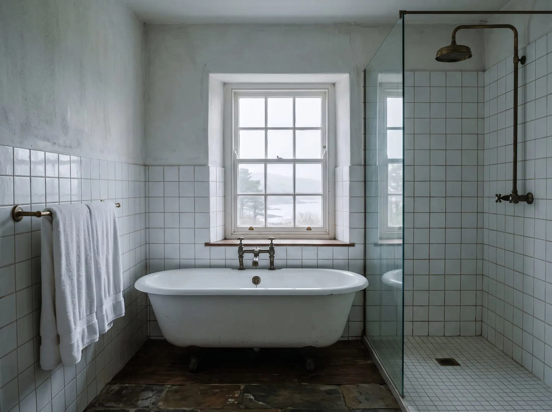 The bathroom, with a cast iron bath, a separate shower and brass taps