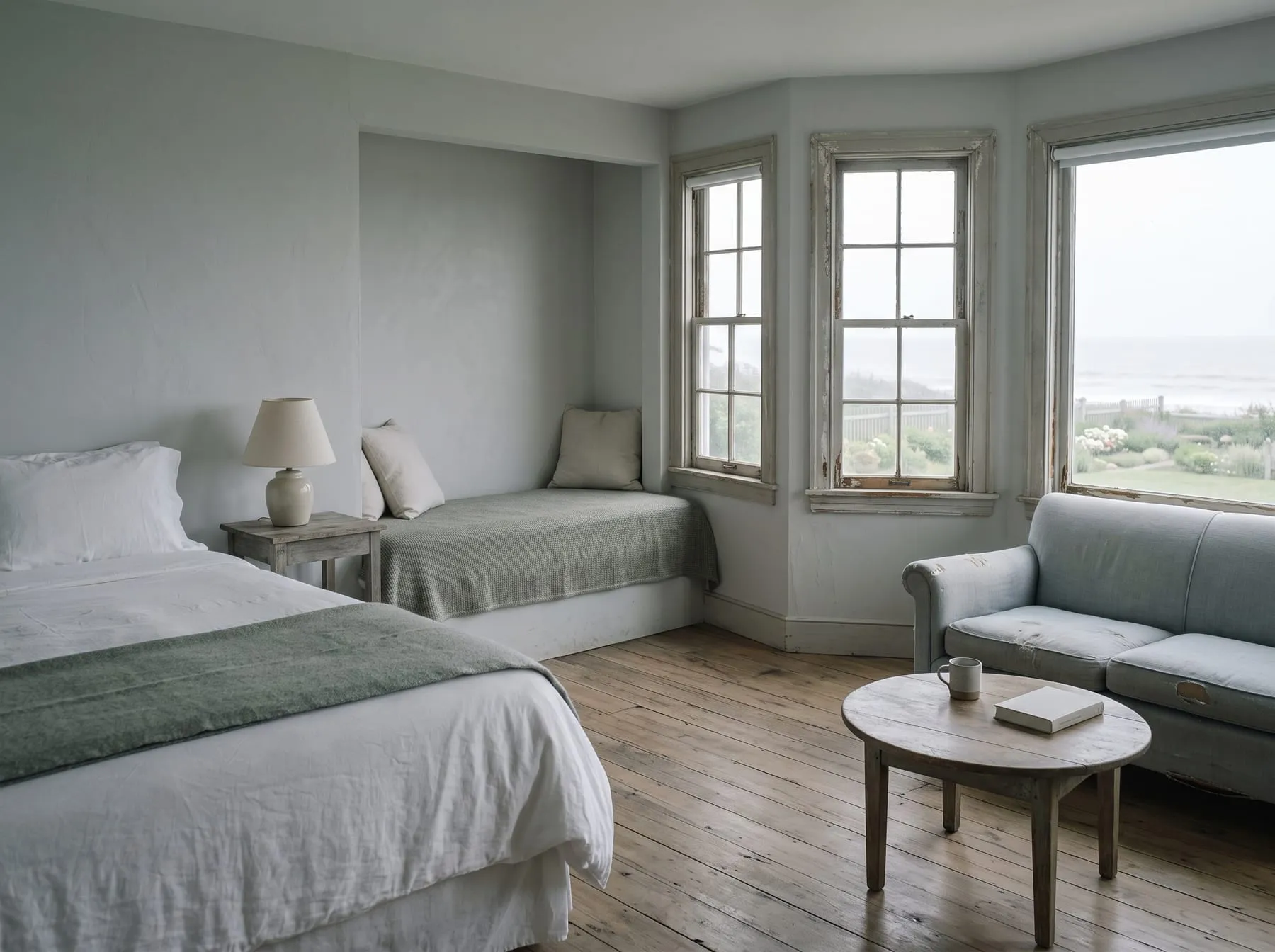 The corner suite, with a king bed, a daybed in an alcove and windows on two walls