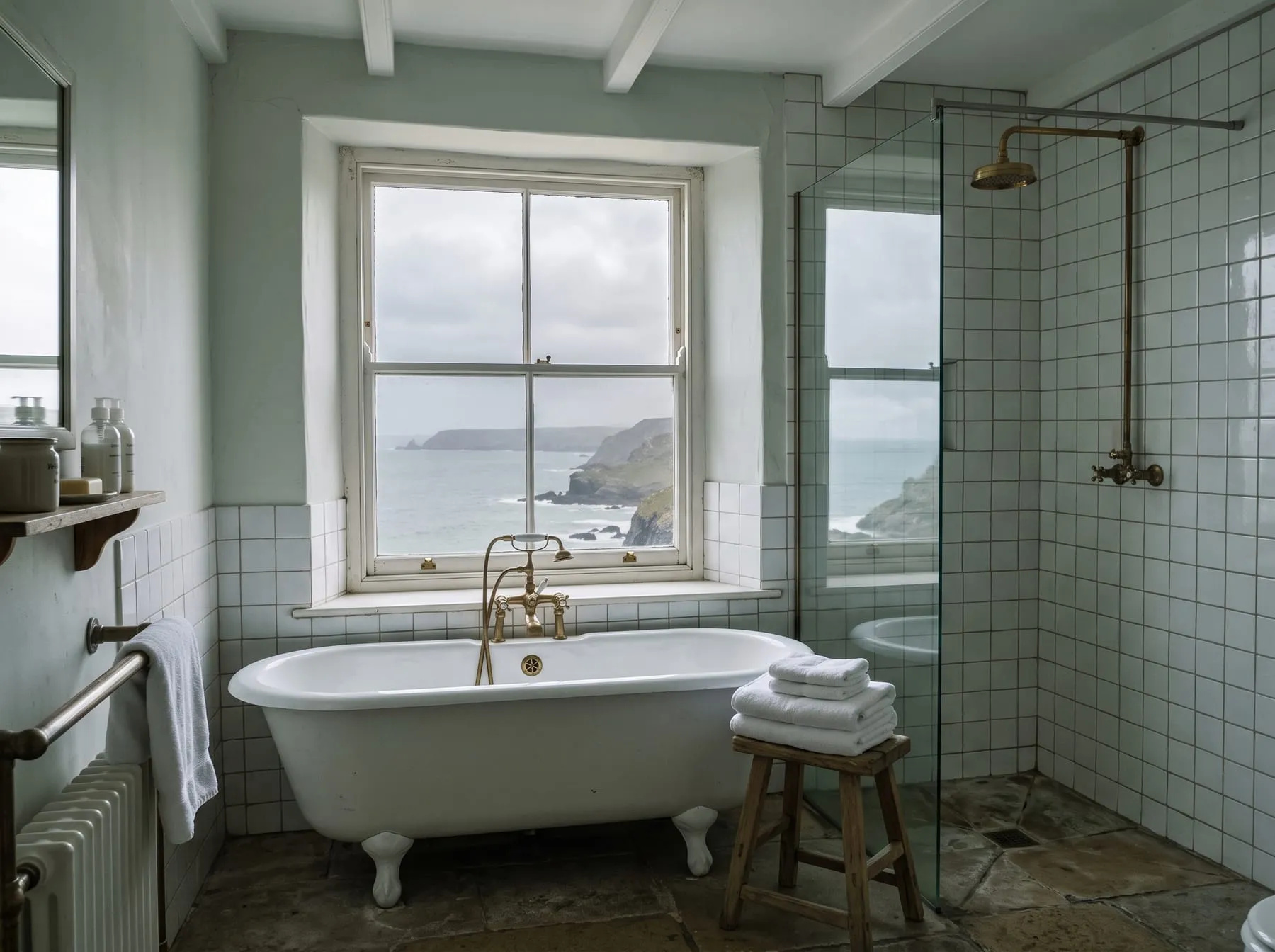 The bathroom, with a cast iron bath set under a window that looks out to sea