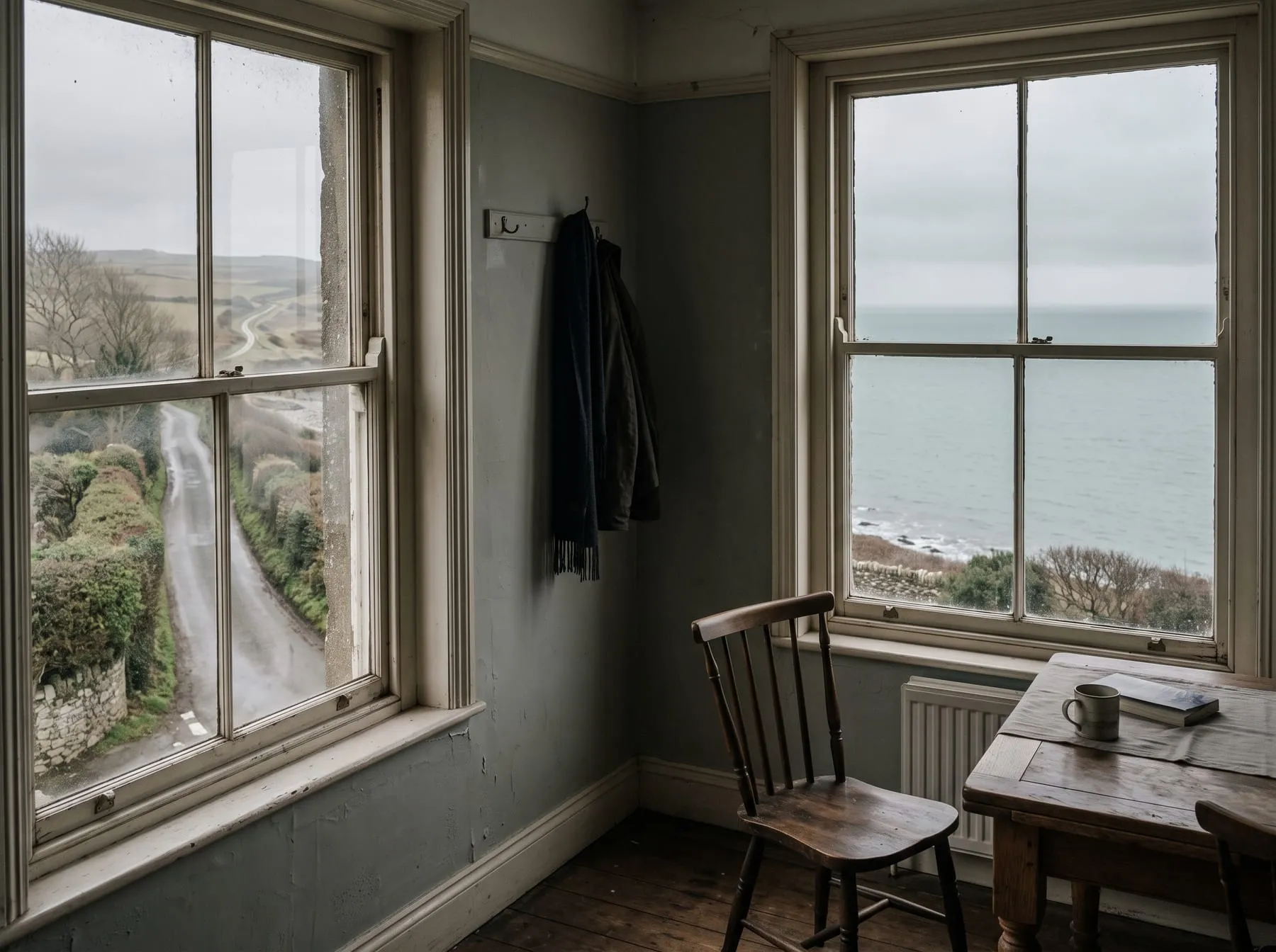 The two corner windows, one over the sea and one down the lane between the hedges